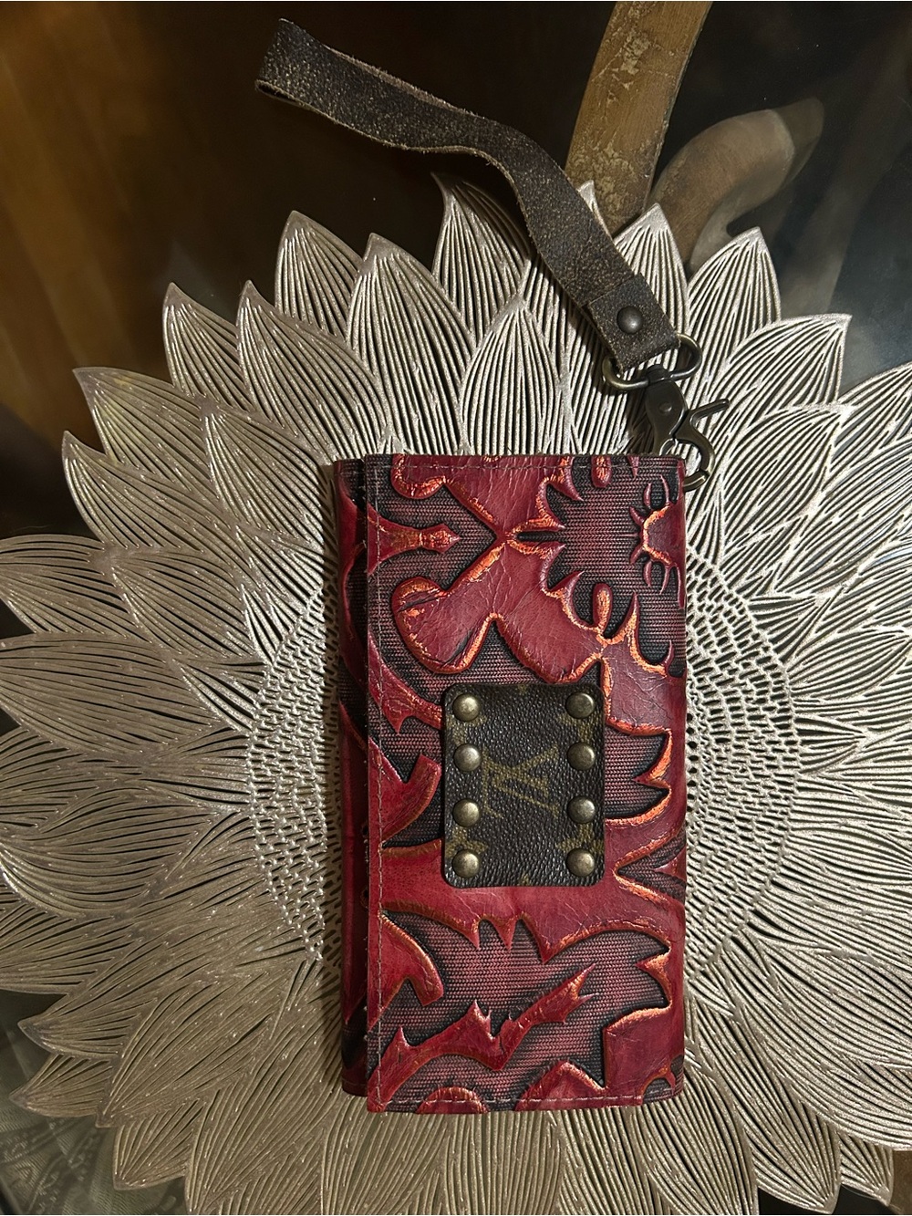 Red Embossed Leather Wristlet Wallet - Designer Style